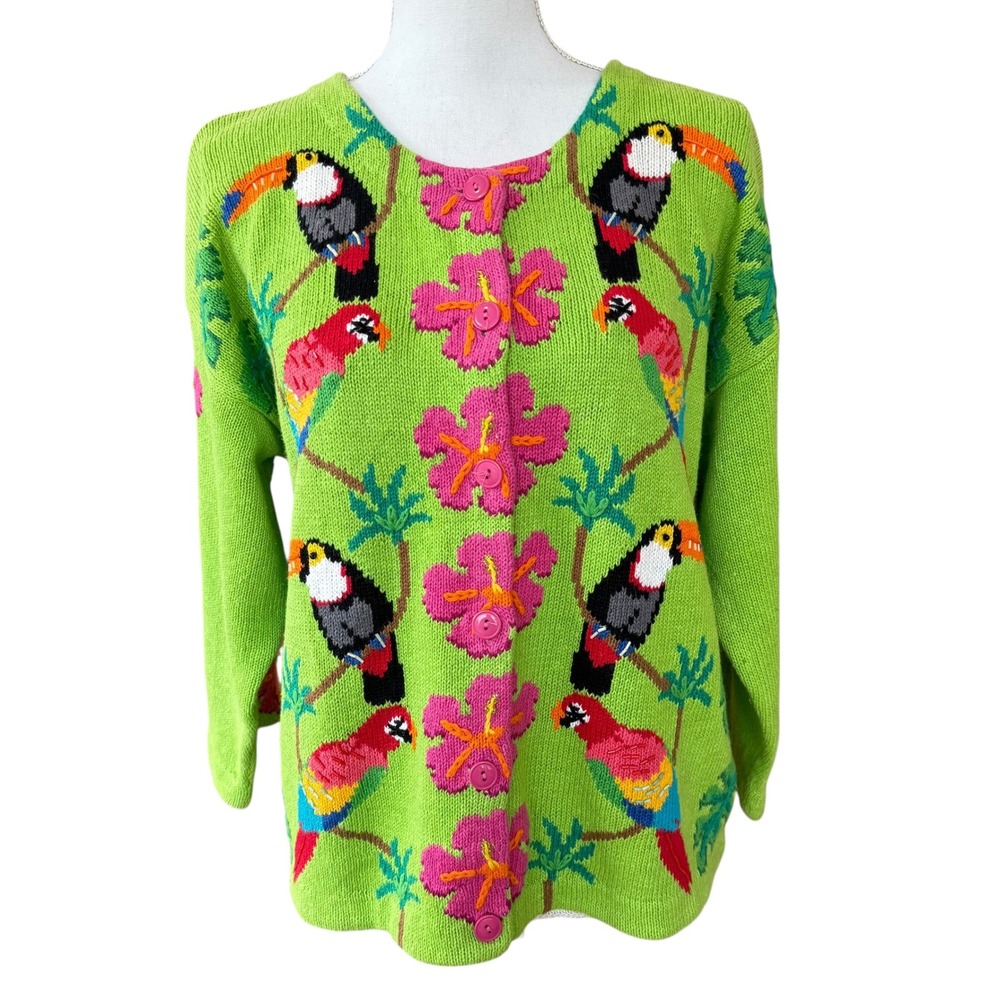 Jane's Closet Womens Lime Green Tropical Toucan Parrot Cardigan Sweater Medium‎